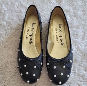 Kate Spade Women's 5.5 B Black Honey Pearl Ballet Flats Leather Shoes